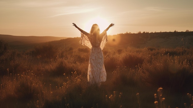 A woman in a white dress with the sun setting behind her