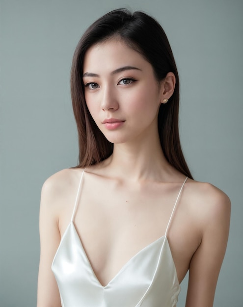 A woman in a white dress with a v - neckline