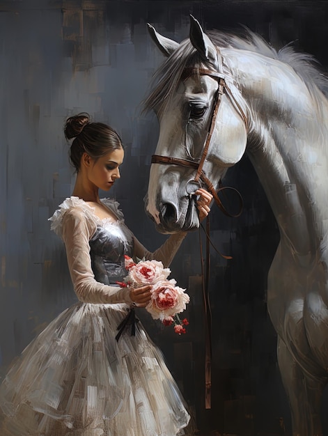 женщина в белом платье с белой лошадью и уздечкой.