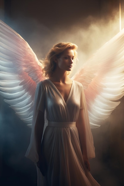 a woman in a white dress with wings