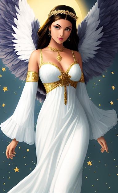 A woman in a white dress with the word angel on it