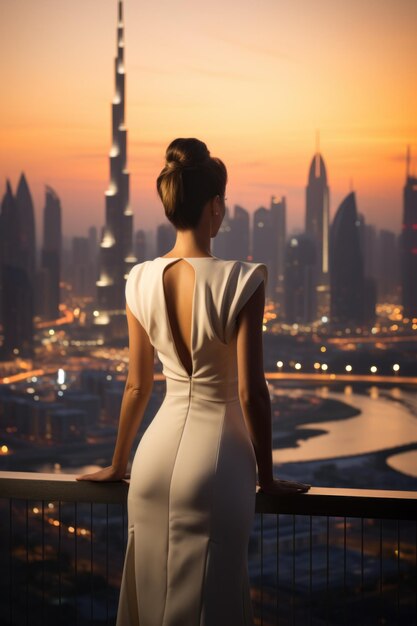 Photo woman in white dressing looking at glowing sunset over the skyline of dubai