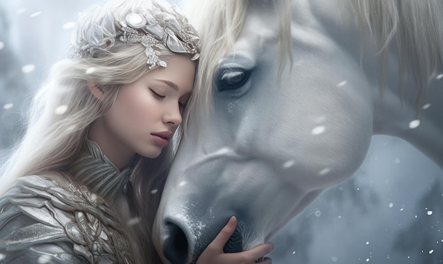 雪景色の中で雄大な馬を抱く白い服を着た女性 静かなファンタジーの冬景色 生成 AI ツールで作成