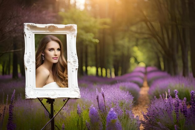 Foto una donna in una cornice bianca è in piedi in una foresta con fiori di lavanda.