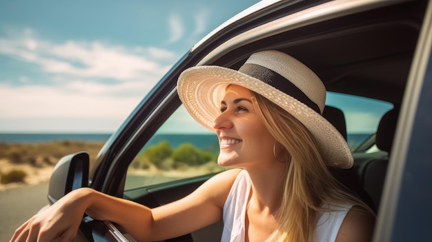 白い帽子をかぶった女性が、太陽の光を顔に受けながら車を運転しています。