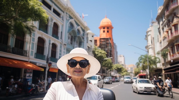 a woman in a white hat is standing in the street with a hat on