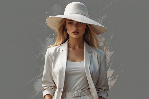 женщина в белой шляпе и белых брюках стоит перед серой стеной