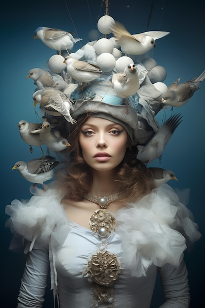 a woman in a white hat with birds on her head and a bird on her head.