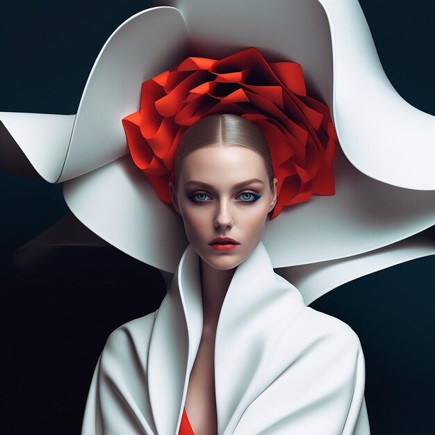 a woman in a white hat with a red flower on it