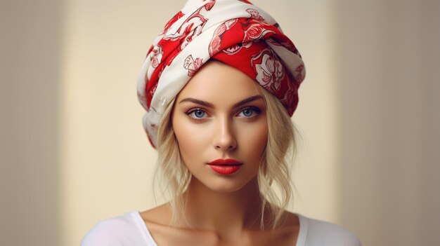 Foto donna con foulard bianco e sciarpa donna di moda con labbra rosse bellezza e moda