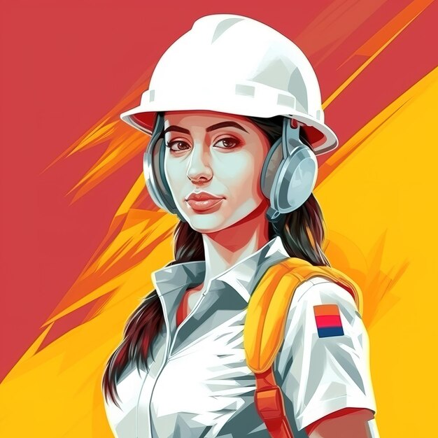 A woman in a white helmet and a yellow and red background