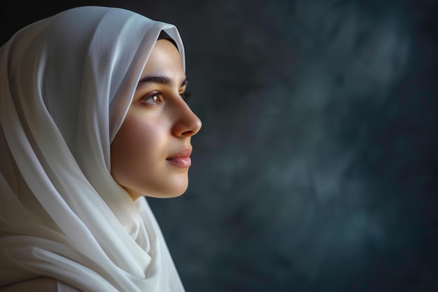 a woman in a white hijab looks off into the distance