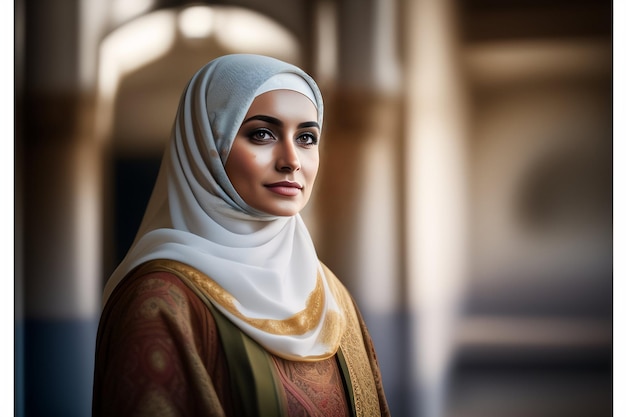 A woman in a white hijab stands in a courtyard.