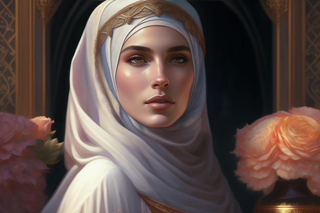 A woman in a white hijab with a flower on her head