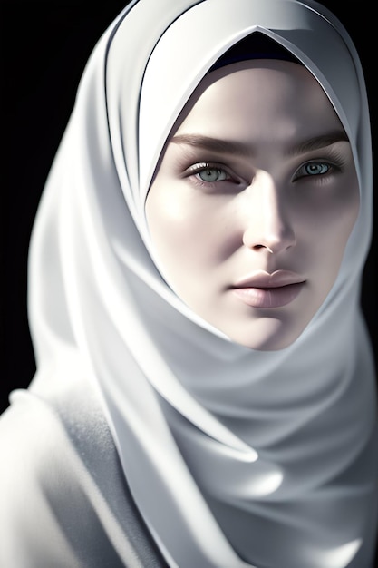 A woman in a white hijab with green eyes