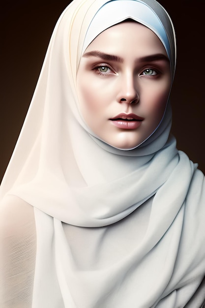 A woman in a white hijab with green eyes