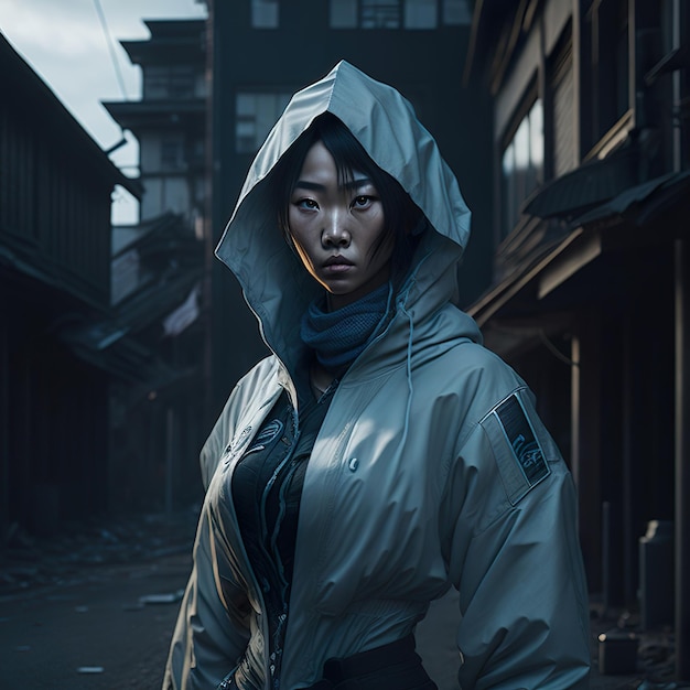 Photo a woman in a white hood and a black hood stands in a dark alley