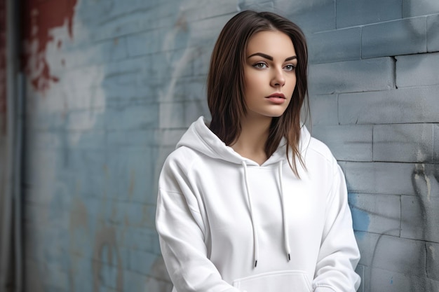 A woman in a white hoodie stands in front of a graffiti wall.