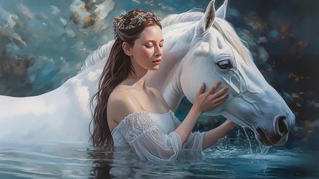 A woman and a white horse in water