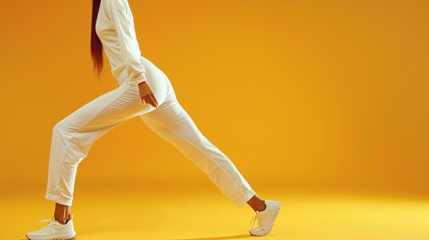 a woman in white is running on a yellow background with a yellow background