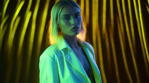 A woman in a white jacket stands in front of a black background with a yellow light behind her