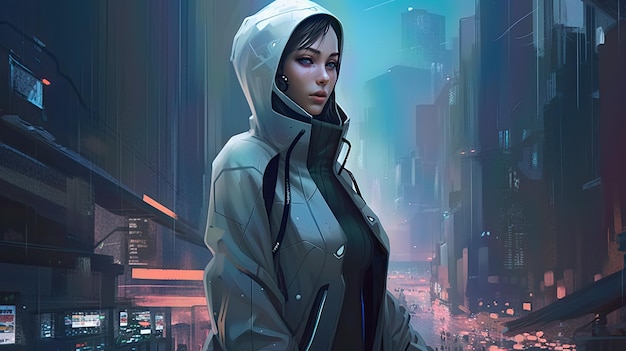 A woman in a white jacket stands in front of a cityscape.