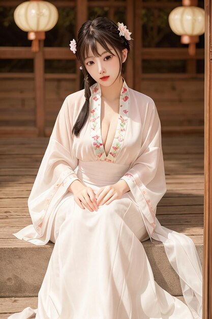 A woman in a white kimono sits on a step in front of a wooden door.