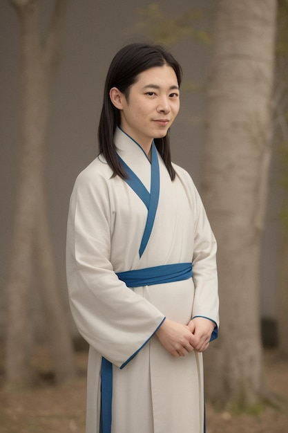 A woman in a white kimono stands in a forest.