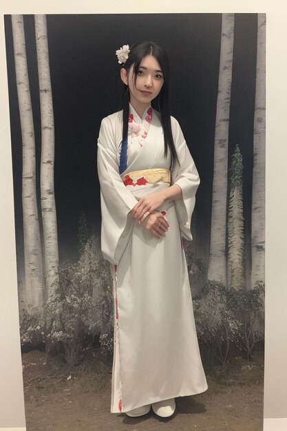 Photo a woman in a white kimono stands in front of a birch tree.