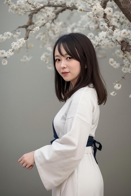 Женщина в белом кимоно стоит перед цветущим деревом.