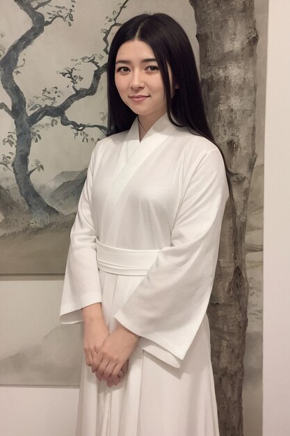 A woman in a white kimono stands in front of a painting.