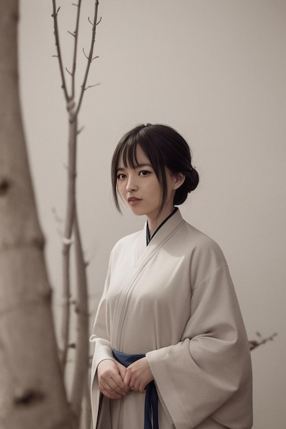 A woman in a white kimono stands in front of a tree with a few branches.