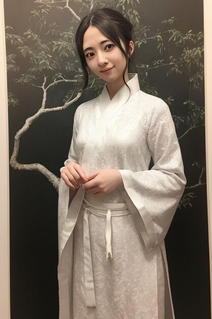 A woman in a white kimono stands in front of a tree.