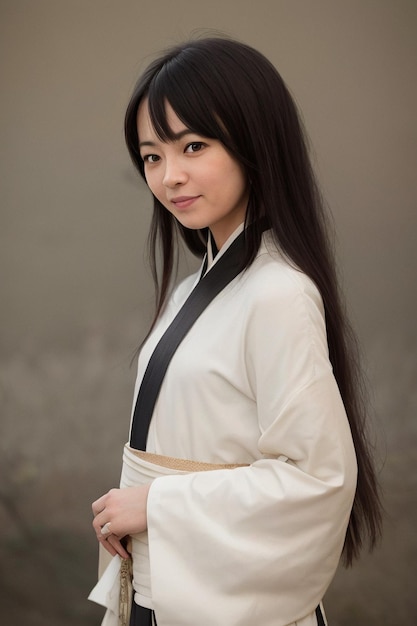 A woman in a white kimono with long black hair stands in front of a wall.