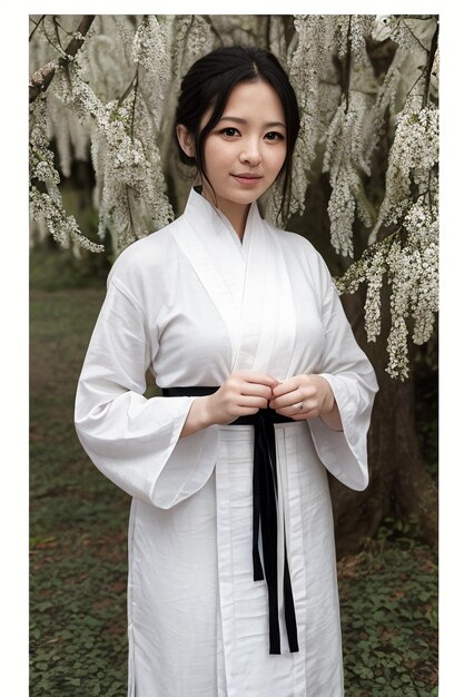 Foto una donna in kimono bianco con la parola jiu sul davanti