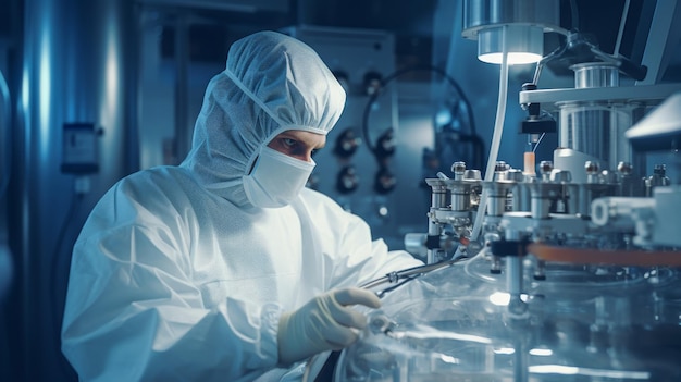 백색 실험실 코트 와 안경 을 입은 여자 가 기계 에 일 하고 있다