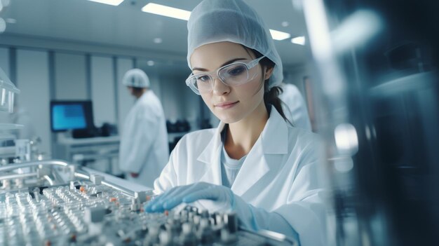 Женщина в белом лабораторном пальто и очках работает на машинах