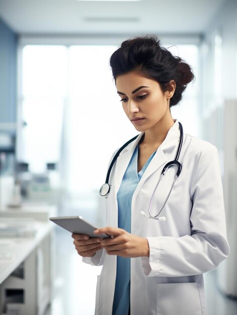 Photo a woman in a white lab coat is holding a tablet with a stethoscope