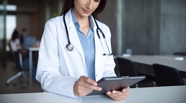 A woman in a white lab coat is looking at a tablet.