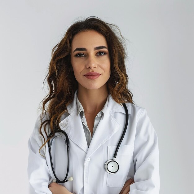 Photo a woman in a white lab coat is posing for a photo