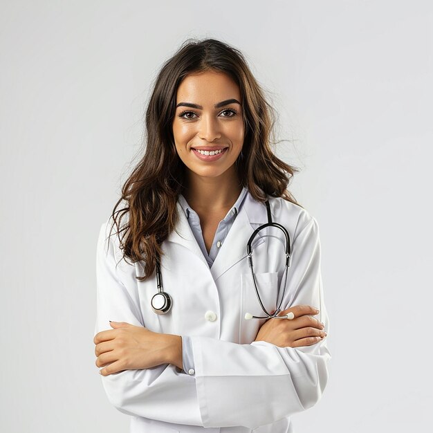 a woman in a white lab coat is posing for a photo