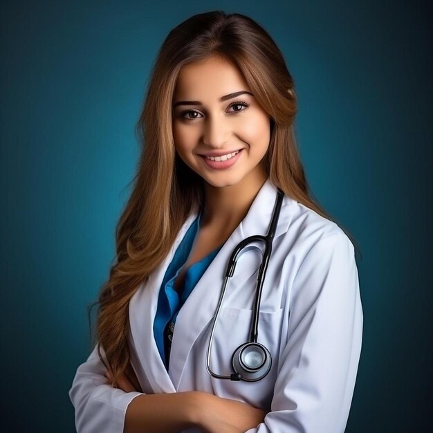 Photo a woman in a white lab coat is posing for a photo