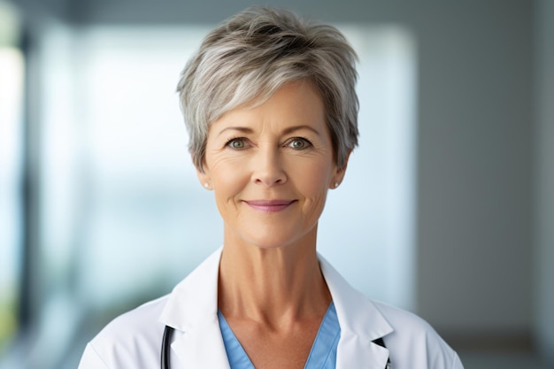 a woman in a white lab coat is smiling