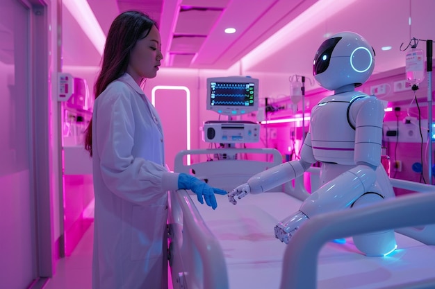 a woman in a white lab coat is touching a robot