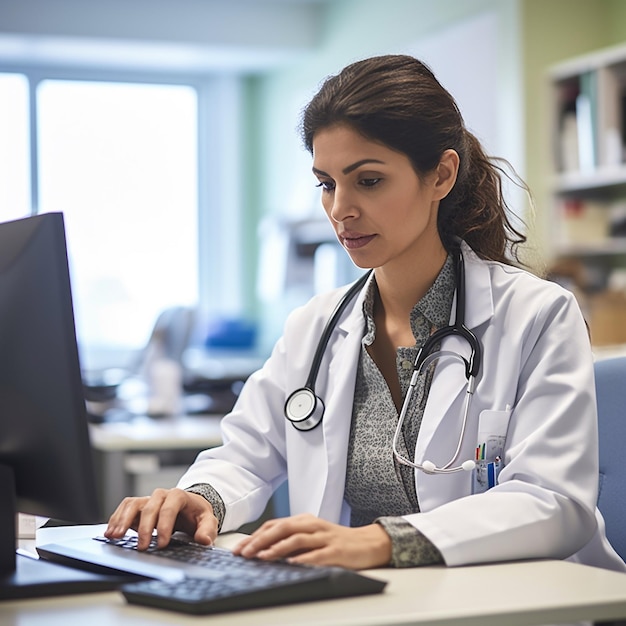 A woman in a white lab coat is typing on a computer.