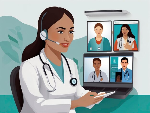 Photo a woman in a white lab coat is using a laptop with a group of people on the screen