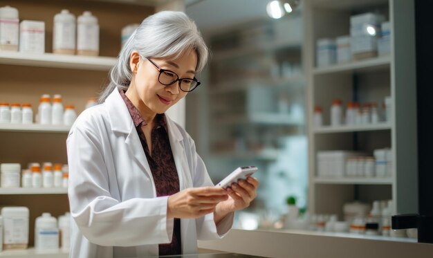 A woman in a white lab coat looks intently at her cell phone screen possibly uncovering groundbreaki