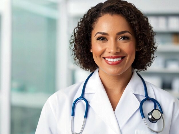 a woman in a white lab coat smiles for the camera