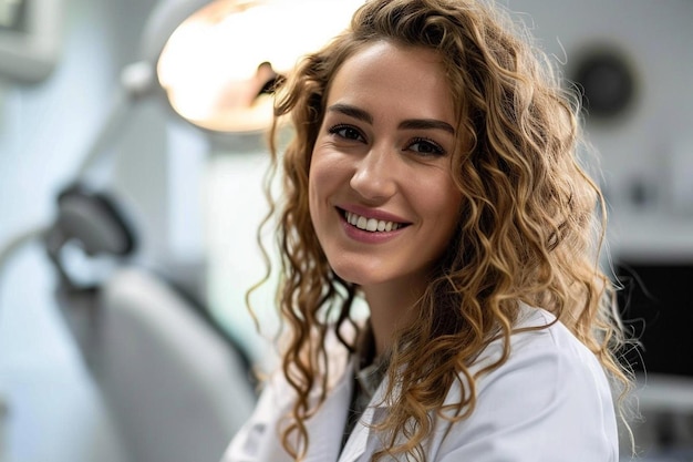 Photo a woman in a white lab coat smiles at the camera