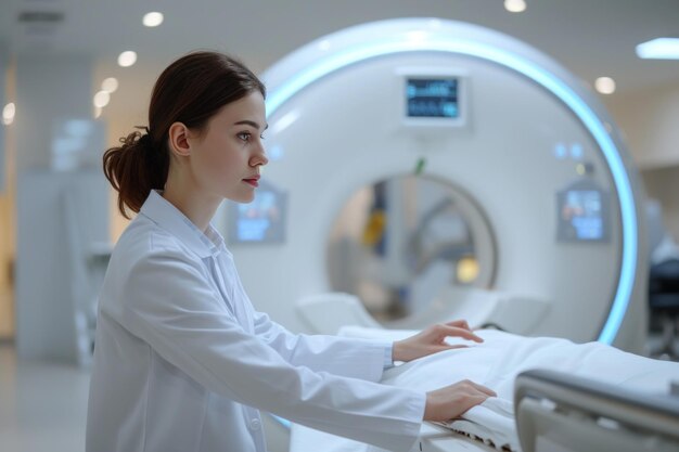 Woman in White Lab Coat Standing Next to Machine